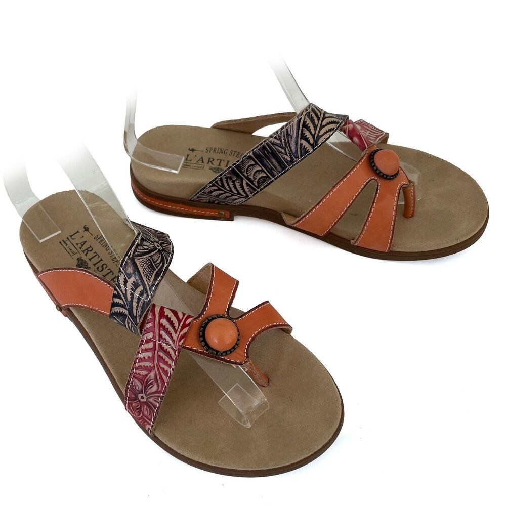 L'Artiste Spring Step Leather Pierce Sandal Sz Eu 37/Us 6.5-7 Peach Multi Shoe